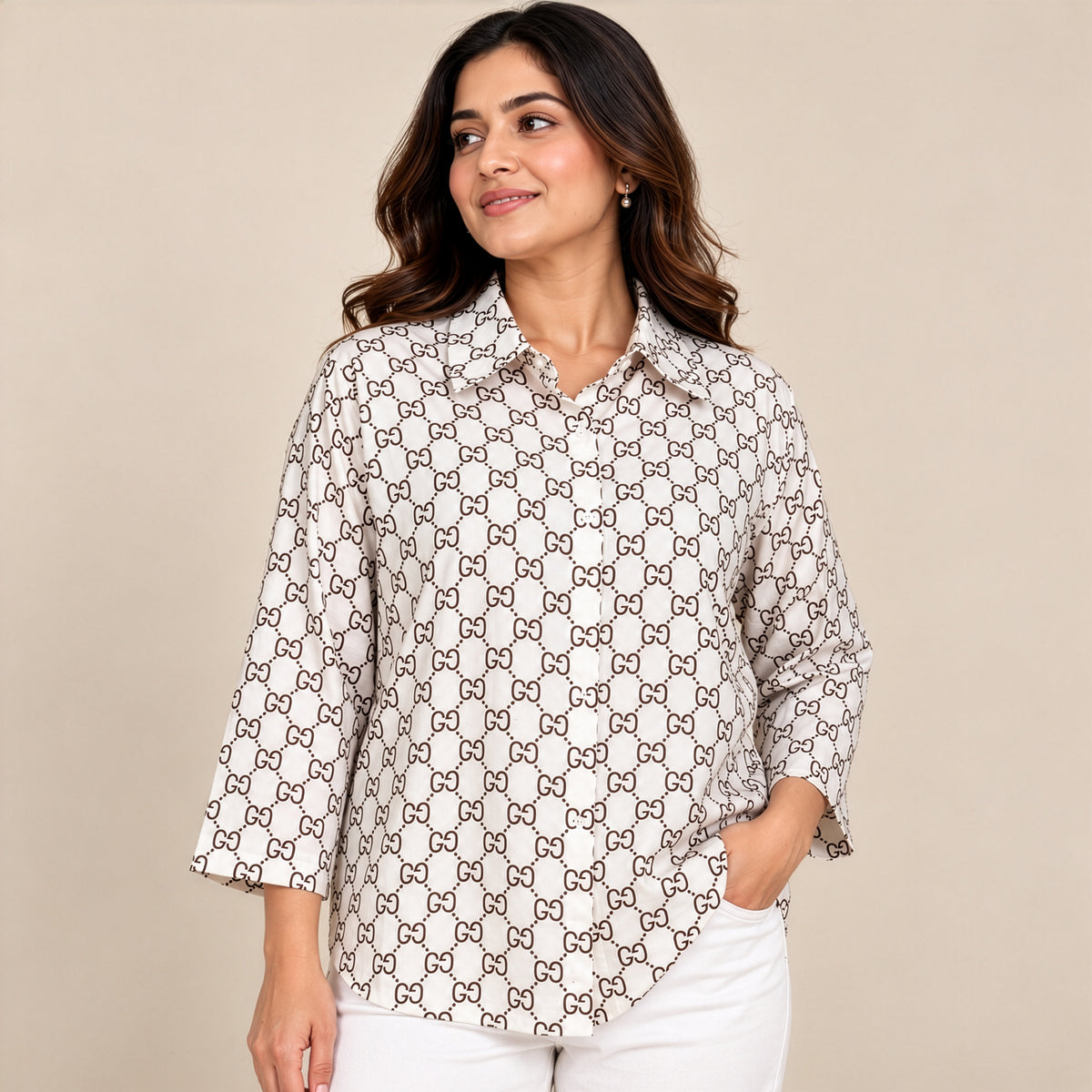 Ivory Monogram Print Relaxed Shirt