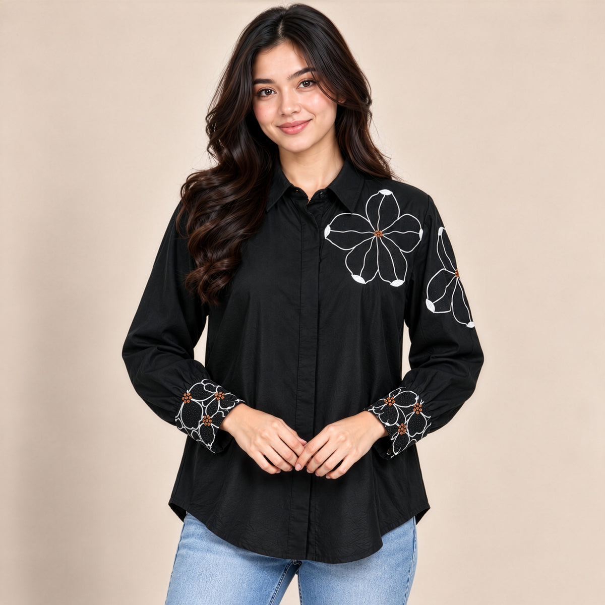 Black Contrast Floral Embroidered Shirt