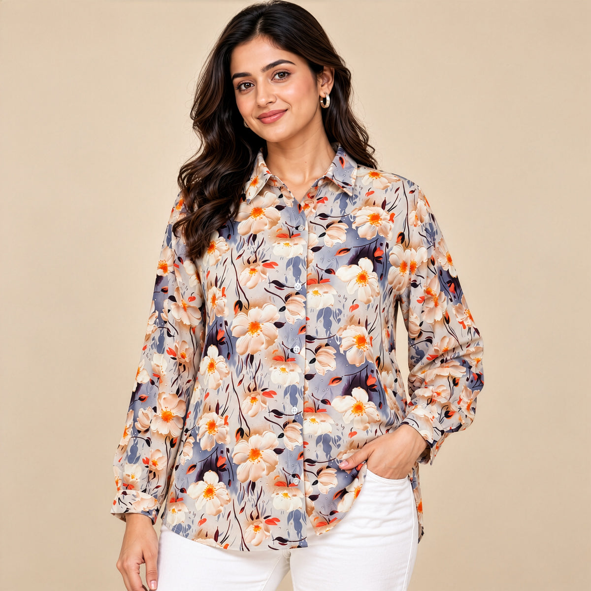 Grey Floral Print Relaxed Shirt