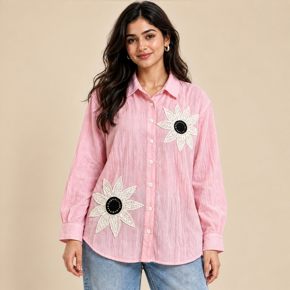 Blush Pink Floral Appliqué Relaxed Shirt