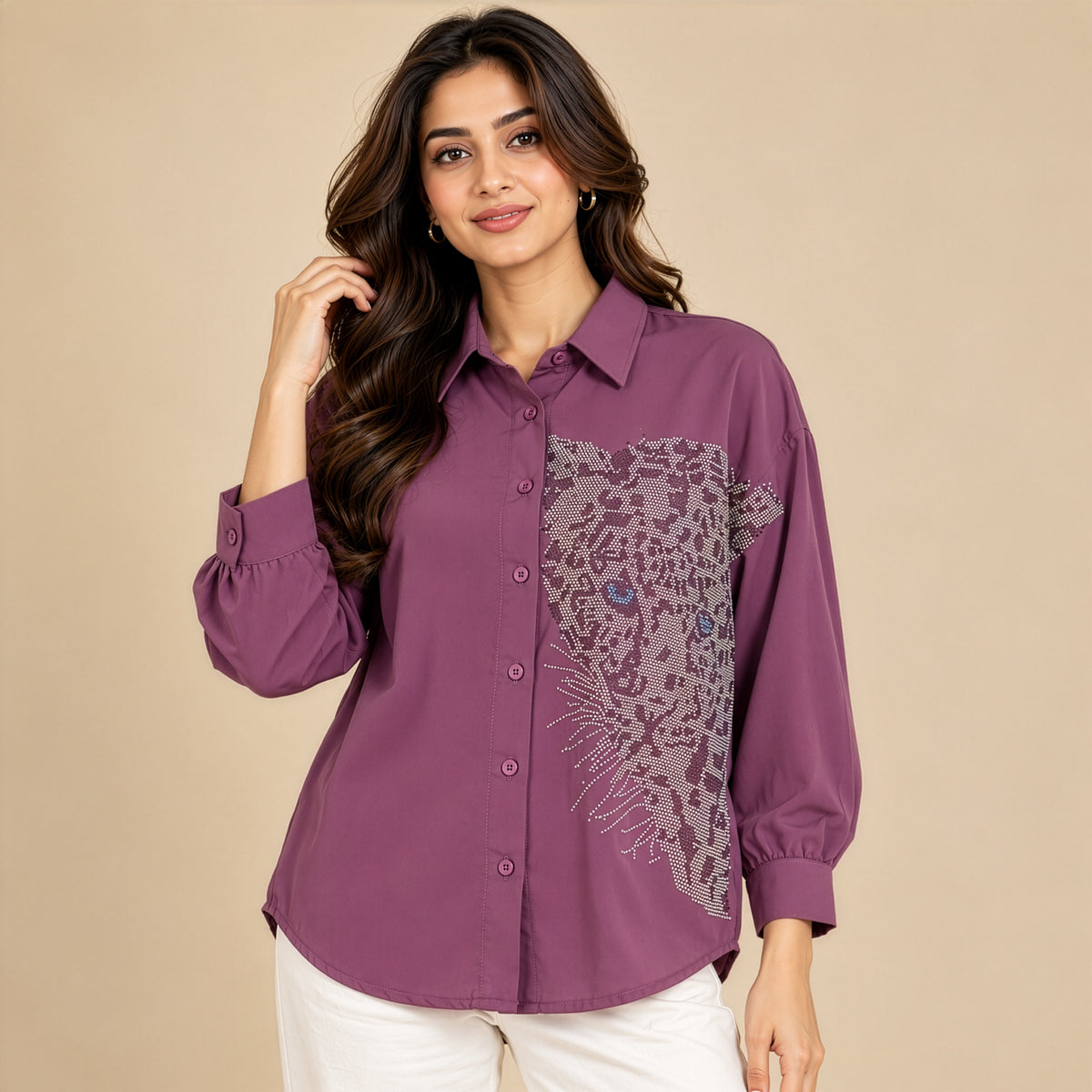 Mauve Tiger Embellished Relaxed Shirt
