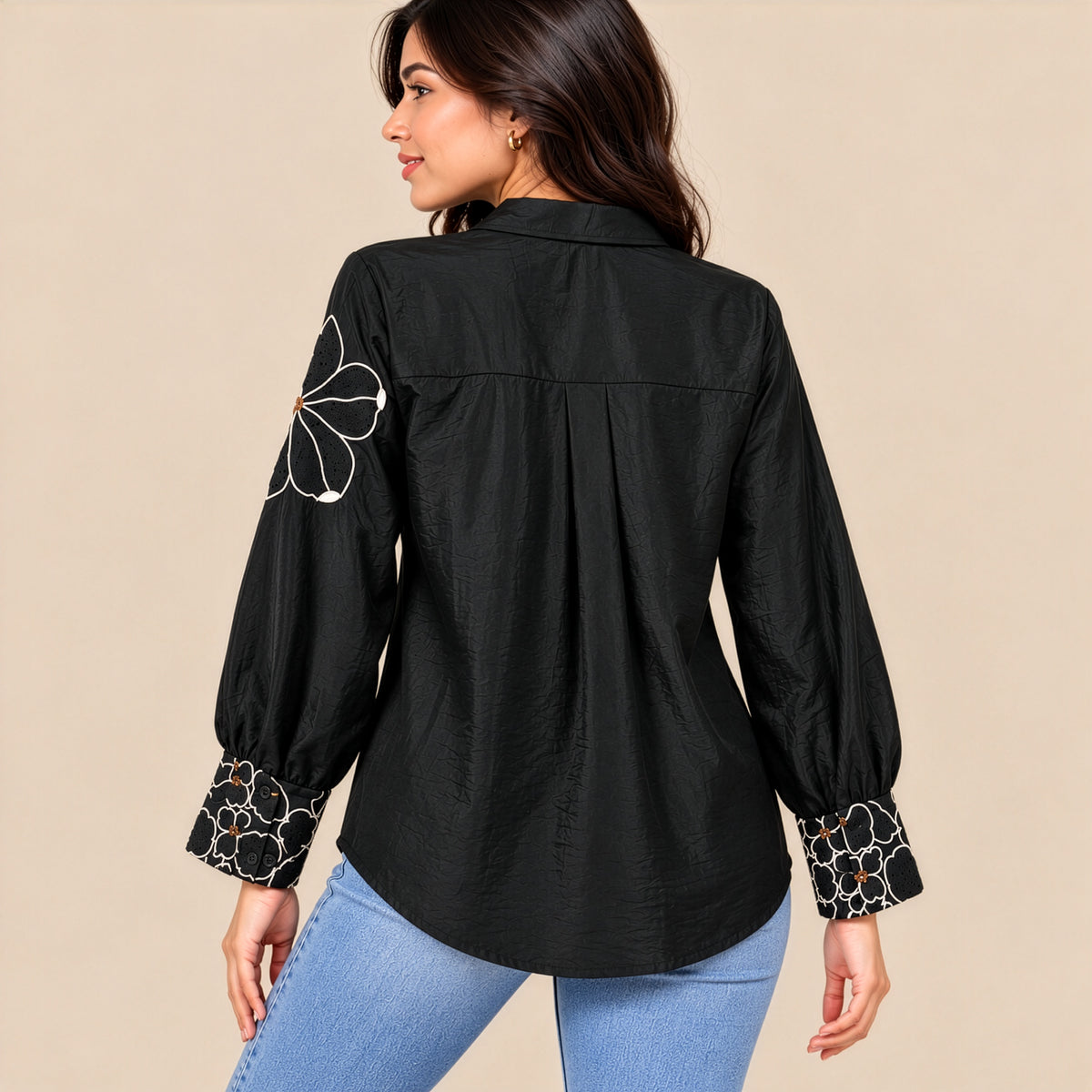 Black Contrast Floral Embroidered Shirt