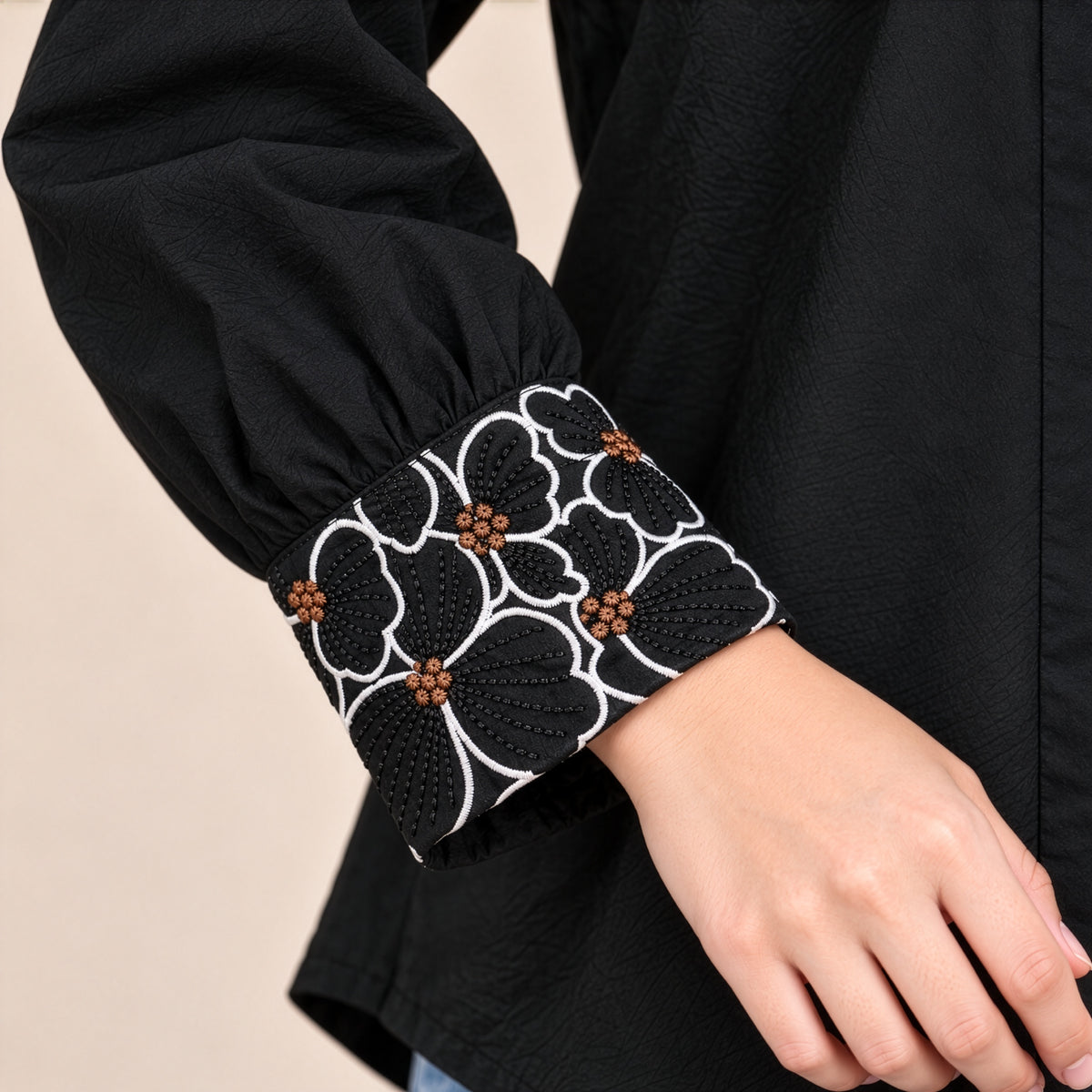Black Contrast Floral Embroidered Shirt