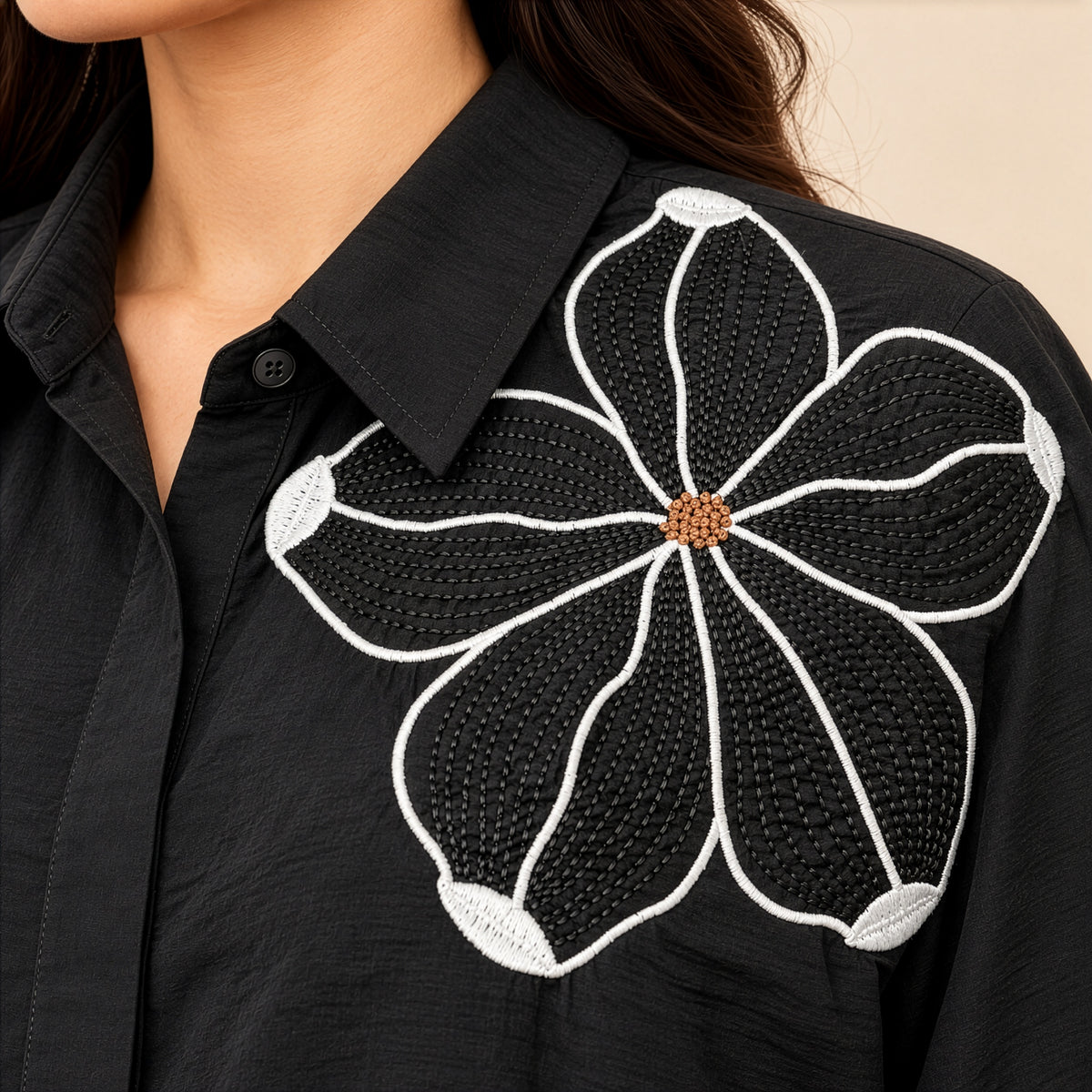 Black Contrast Floral Embroidered Shirt