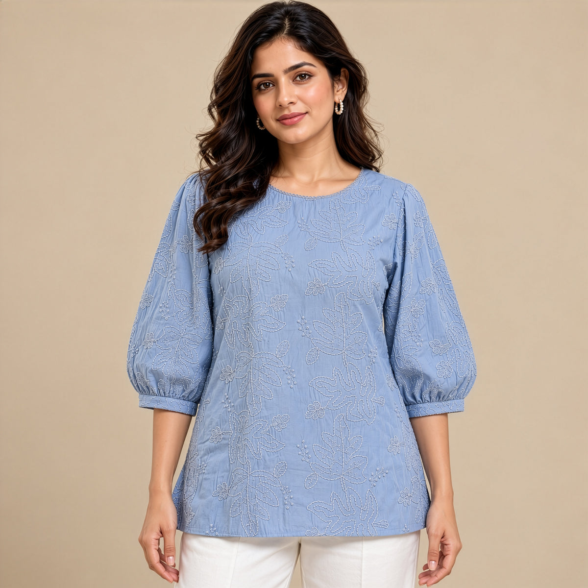 Powder Blue Embroidered Leaf Top