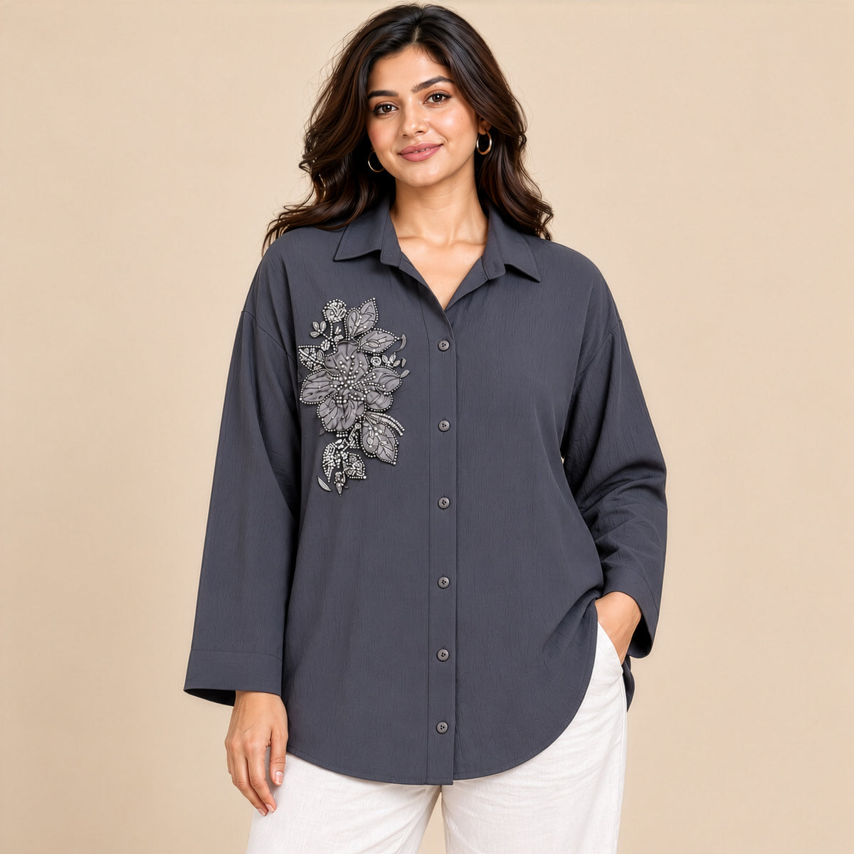 Charcoal Floral Embellished Relaxed Shirt