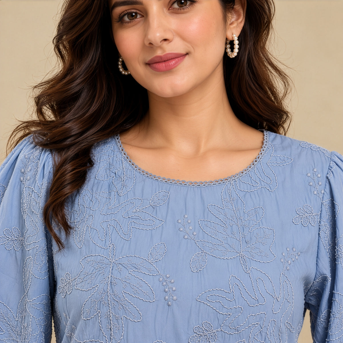 Powder Blue Embroidered Leaf Top