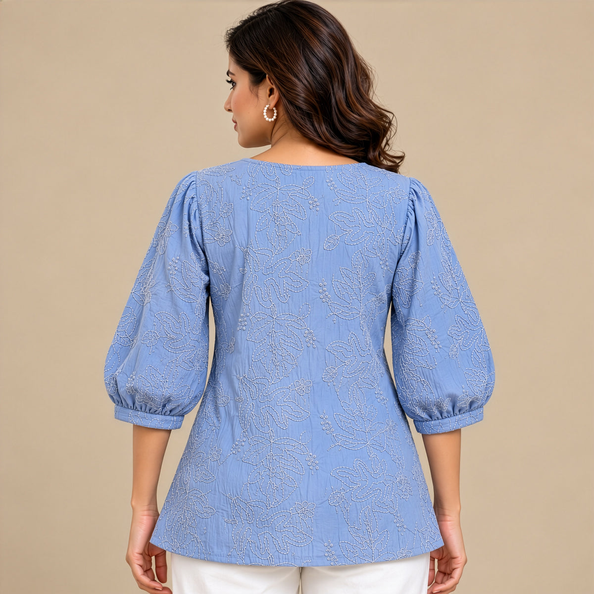 Powder Blue Embroidered Leaf Top
