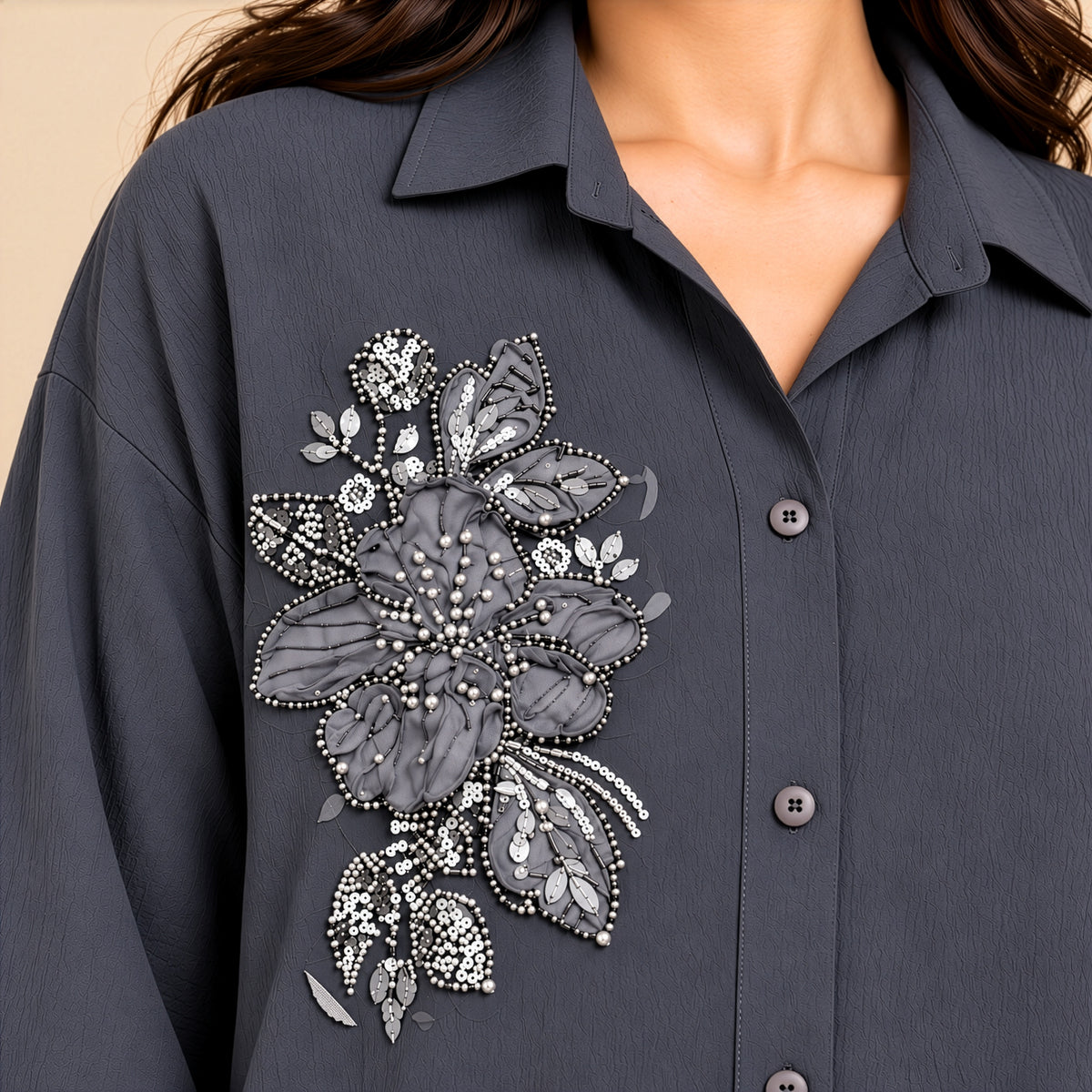 Charcoal Floral Embellished Relaxed Shirt